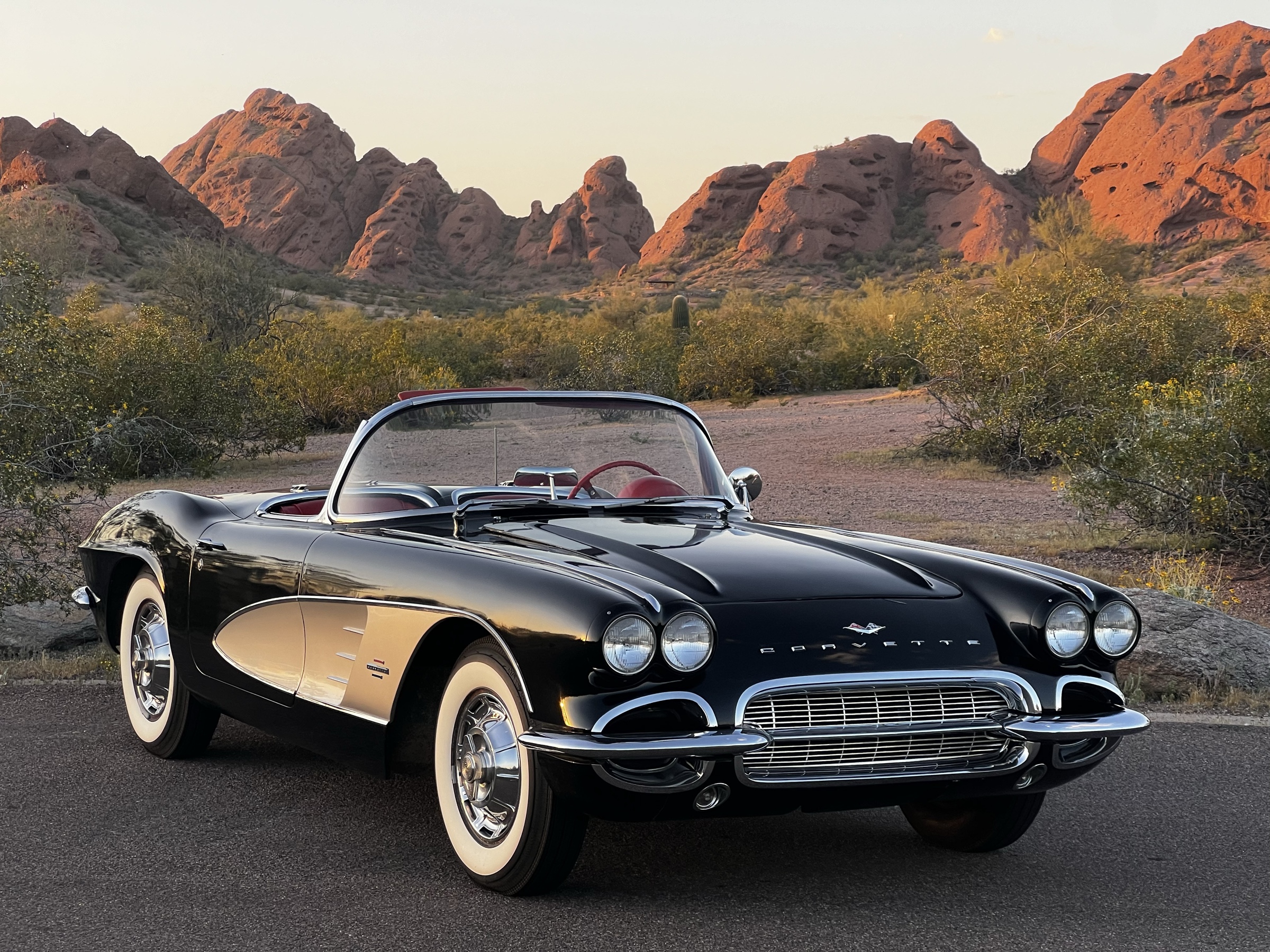 Classic Corvette C1 detailed by Pure Glass Detailing against Arizona mountains